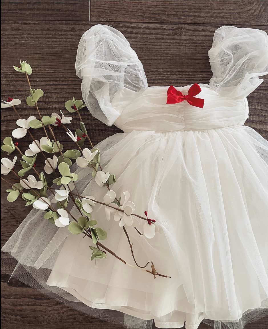 PREORDER White Babydoll puff sleeve dress ( bow options please place in notes)