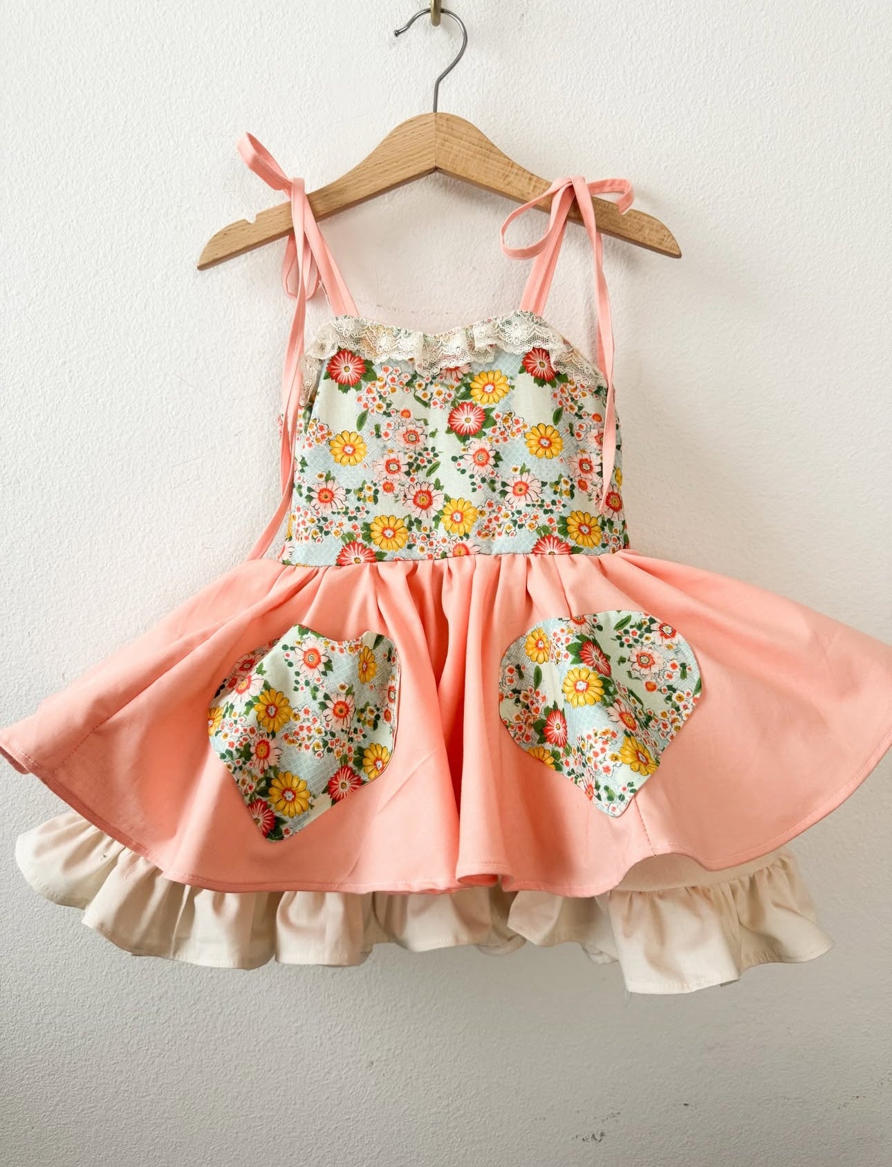 Coral  and cream vintage inspired floral poof dress
