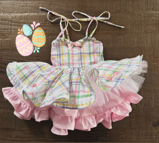 PREORDER Pastel plaid twirl dress with double layer petticoat