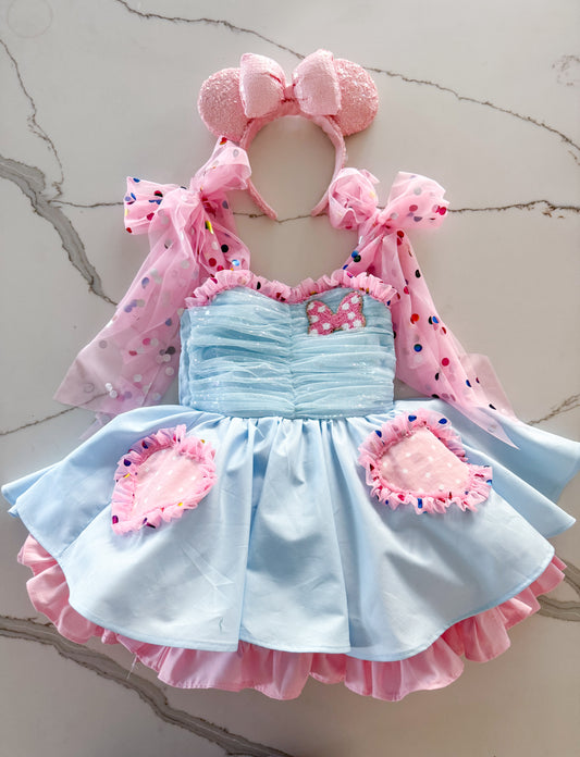 PREORDER Blue+ Pink confetti poof dress ( Patch included)