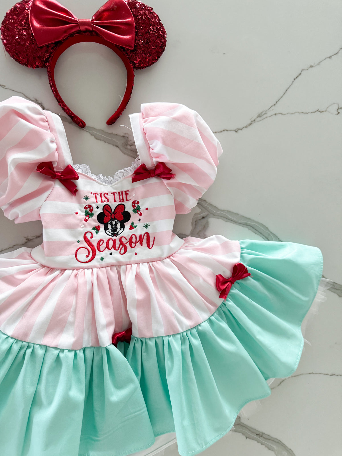 PREORDER Embroidered pink+mint Tis the season dress