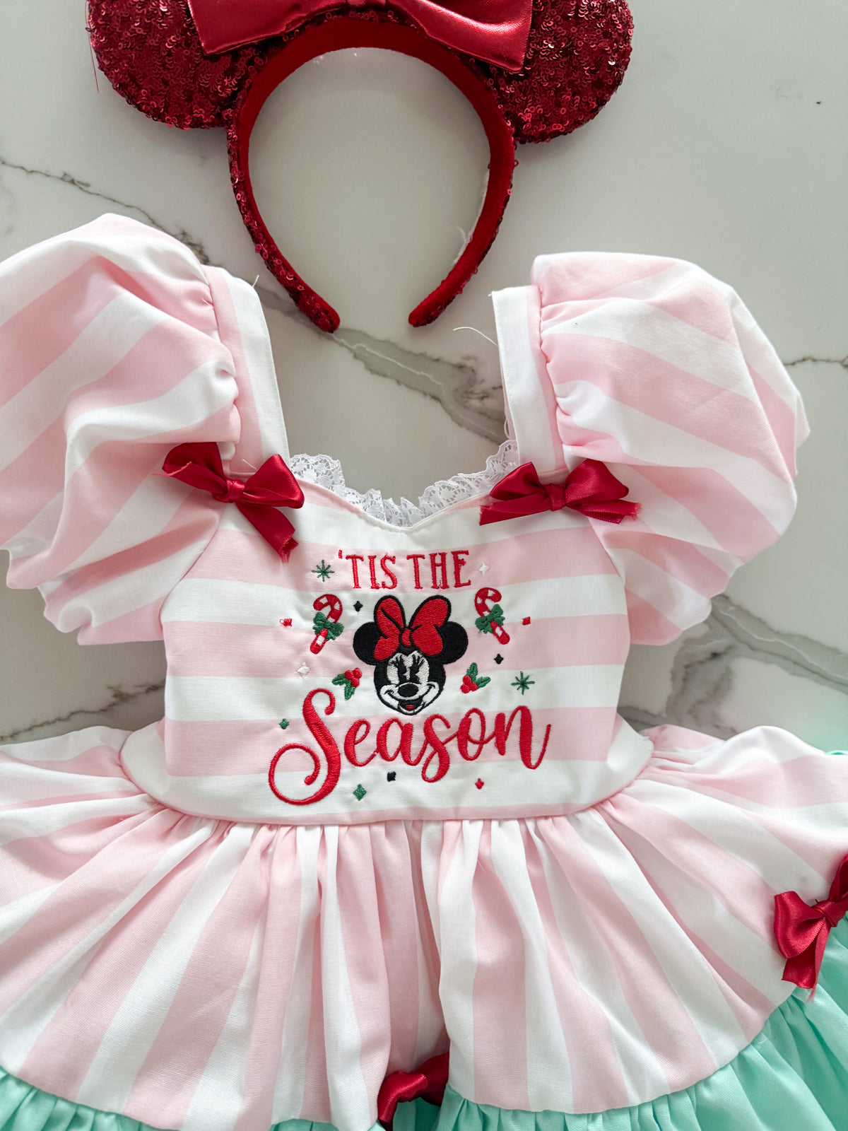 PREORDER Embroidered pink+mint Tis the season dress