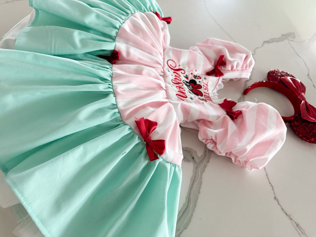PREORDER Embroidered pink+mint Tis the season dress