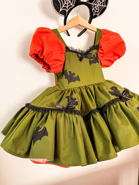 Mouse bats green +orange twirl dress with petticoat layer