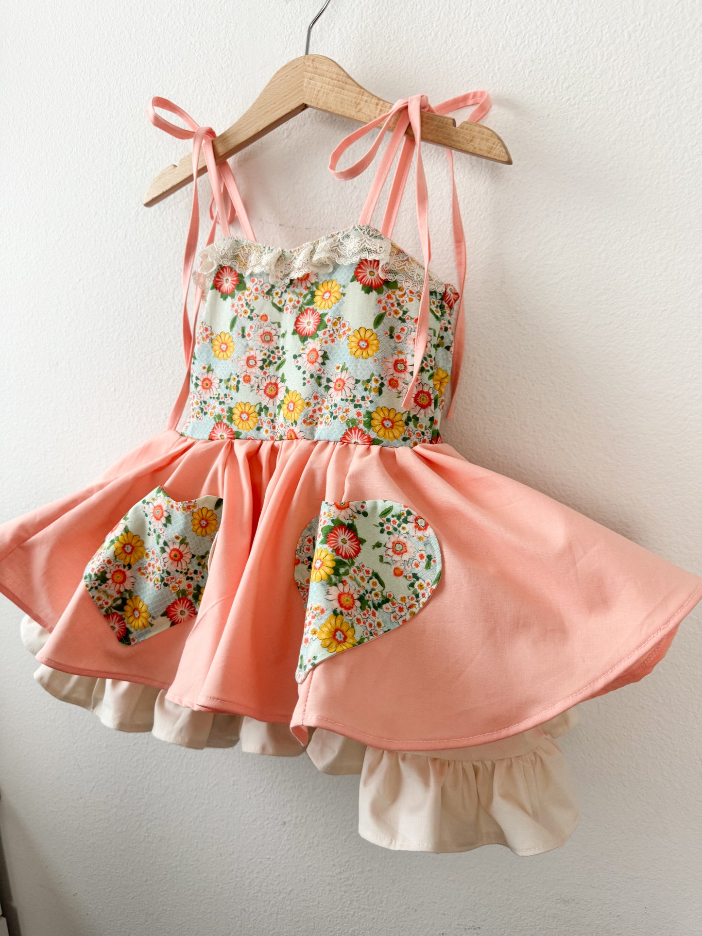Coral  and cream vintage inspired floral poof dress