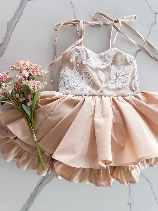 PREORDER Neutral lace twirl dress with petticoat layer